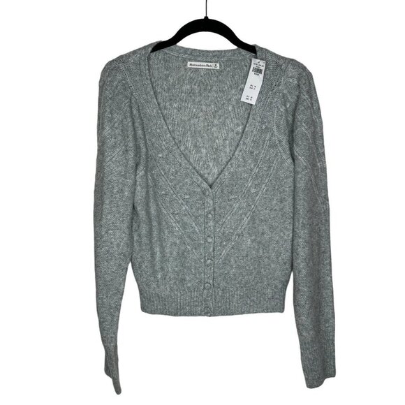 Abercrombie Fitch Grey Cable Knit V Neck Cardigan Womens Medium Buttons - Picture 1 of 4